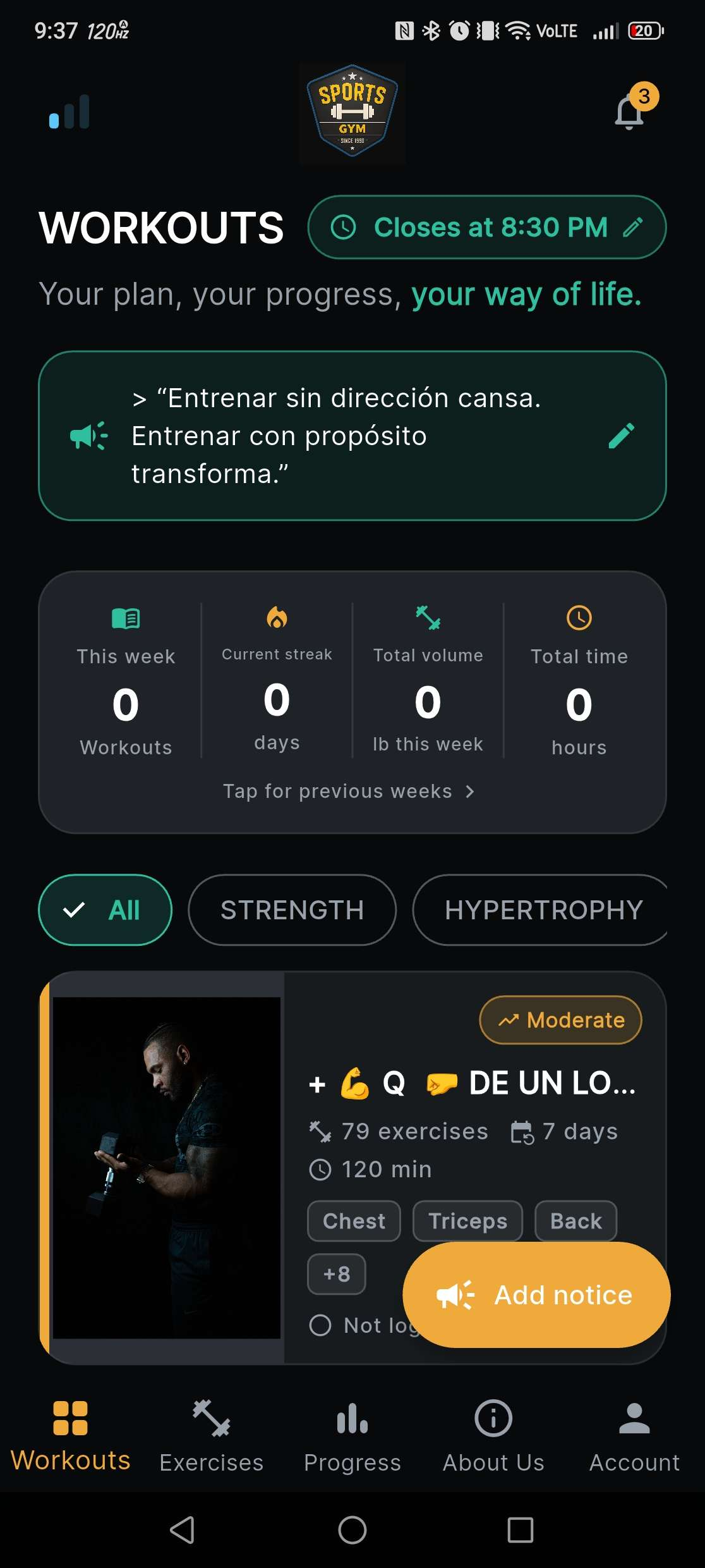 Sports Gym App — Workout plans and gym announcements